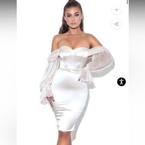 Miss Circle Lydia Pearl White Satin Off Shoulder Puff Sleeve Dress